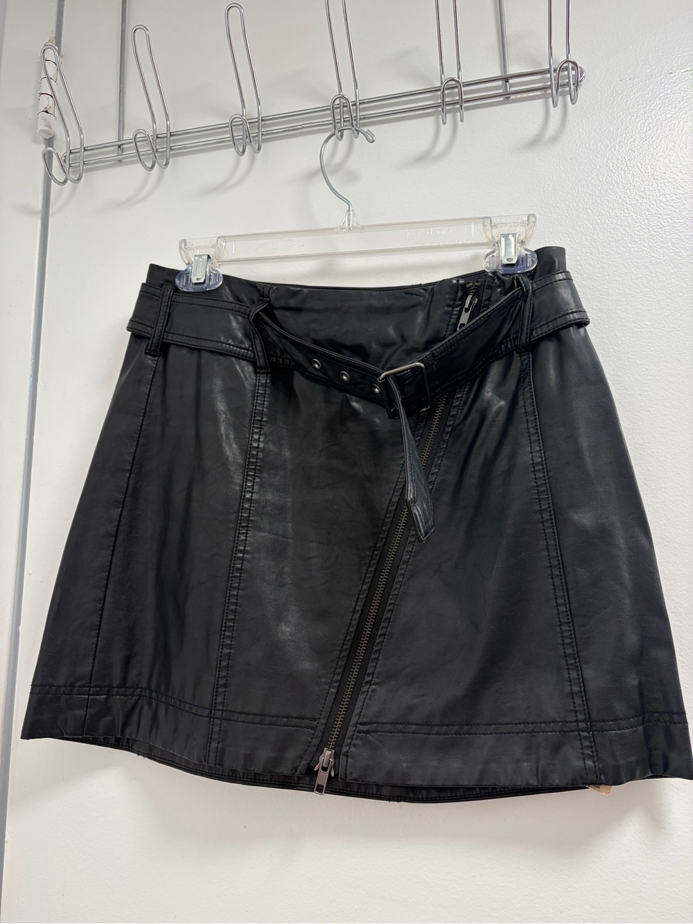 Free People Black Faux Leather Mini Skirt with Belted Waist